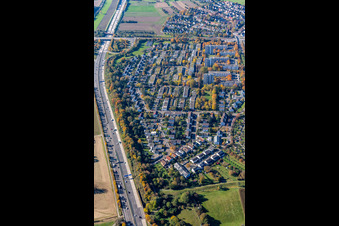 Town view of the streets and houses of the residential areas along the course of the motorway A5 in the district Rueppurr in Karlsruhe in the state Baden-Wuerttemberg, Germany