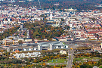 Aerial view of Main station Karlsruhe in the district Südweststadt in Karlsruhe in the state Baden-Wuerttemberg, Germany