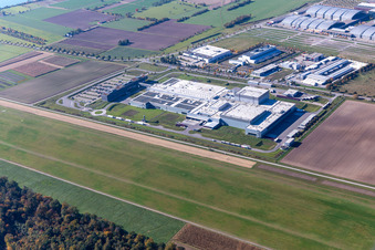 Building and production halls on the premises of EDEKA Suedwest Fleisch at airfield in Rheinstetten in the state Baden-Wuerttemberg