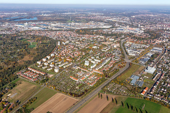 Aerial photograpy of District Daxlanden in Karlsruhe in the state Baden-Wuerttemberg, Germany