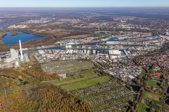 Overview of Karlsruhe's Rhine ports from the south in the district Mühlburg in Karlsruhe in the state Baden-Wuerttemberg, Germany