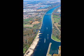 Aerial view of Rhine in the district Daxlanden in Karlsruhe in the state Baden-Wuerttemberg, Germany