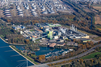 Aerial view of Building and production halls on the premises of Papierfabrik Stora Enso on the Rhine river in Karlsruhe in the state Baden-Wurttemberg, Germany