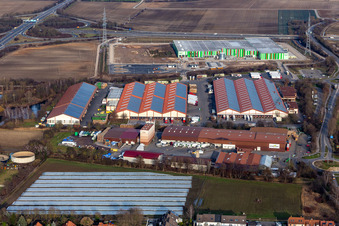 Aerial view of Palatinate market for fruit and vegetables in the district Dannstadt in Dannstadt-Schauernheim in the state Rhineland-Palatinate, Germany