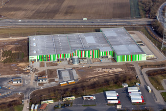 Aerial view of New building of the Pfalzmarkt for fruit and vegetables in Mutterstadt in the state Rhineland-Palatinate, Germany