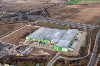 Aerial photograpy of New building of the Pfalzmarkt for fruit and vegetables in Mutterstadt in the state Rhineland-Palatinate, Germany