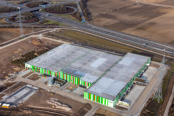 Oblique view of New building of the Pfalzmarkt for fruit and vegetables in Mutterstadt in the state Rhineland-Palatinate, Germany