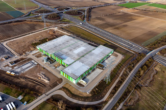 New building of the Pfalzmarkt for fruit and vegetables in Mutterstadt in the state Rhineland-Palatinate, Germany out of the air