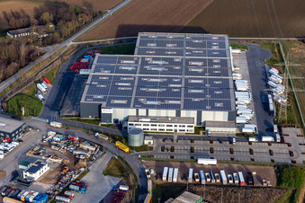 Aerial view of Lekkerland Logistics Center Mannheim in the district Roxheim in Bobenheim-Roxheim in the state Rhineland-Palatinate, Germany