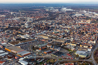 Aerial view of OBI in Worms in the state Rhineland-Palatinate, Germany