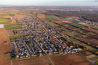 Drone recording of District Niederlustadt in Lustadt in the state Rhineland-Palatinate, Germany