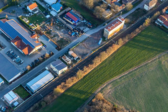 Aerial view of Raiffeisen Warenhandelsgesellschaft Südpfalz mbH in Neuen-Morgen in Rheinzabern in the state Rhineland-Palatinate, Germany