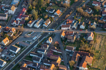 Aerial photograpy of Mühlgasse railway crossing in Rheinzabern in the state Rhineland-Palatinate, Germany