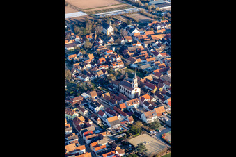 Aerial view of St. Bartholomew and Protestant Church Zeiskam in Zeiskam in the state Rhineland-Palatinate, Germany