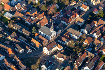 Aerial photograpy of Protestant Church Westheim - Protestant Parish Westheim-Lingenfeld in Westheim in the state Rhineland-Palatinate, Germany