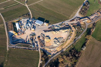 Aerial view of Construction site of the eastern tunnel portal for the Astrid Tunnel for the underpass and bypass of Bad Bergzabern between B38 (Weinstraße) and B427 (Kurtalstraße) in Dörrenbach in the state Rhineland-Palatinate, Germany