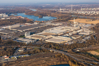 Aerial view of Mercedes-Benz Trucks in the district Maximiliansau in Wörth am Rhein in the state Rhineland-Palatinate, Germany