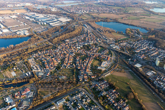 Aerial view of City view from the northwest in Wörth am Rhein in the state Rhineland-Palatinate, Germany