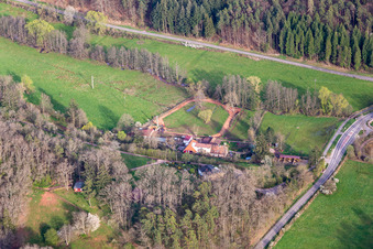 Aerial view of Vogelstockerhof in Eußerthal in the state Rhineland-Palatinate, Germany