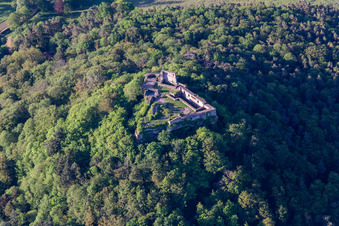 Lindelbrunn Castle Ruins in Vorderweidenthal in the state Rhineland-Palatinate, Germany viewn from the air