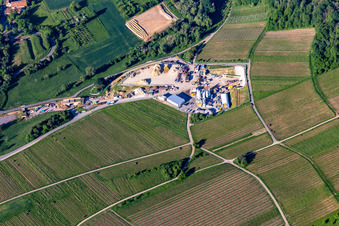 Construction site of the eastern tunnel portal for the Astrid Tunnel for the underpass and bypass of Bad Bergzabern between B38 (Weinstraße) and B427 (Kurtalstraße) in Dörrenbach in the state Rhineland-Palatinate, Germany viewn from the air