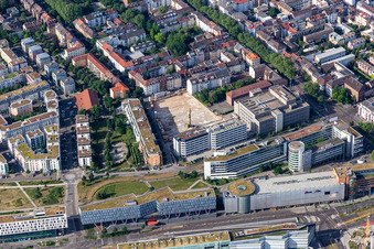 Aerial view of Check-in Center PSD Bank Karlsruhe-Neustadt eG, LBBW Landesbank Baden-Württemberg (Karlsruhe) in the district Südstadt in Karlsruhe in the state Baden-Wuerttemberg, Germany