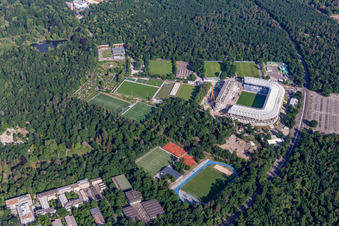 Construction site of the new stadium of Karlsruher Sport-Club GmbH & Co. KGaA in the district Innenstadt-Ost in Karlsruhe in the state Baden-Wuerttemberg, Germany seen from above