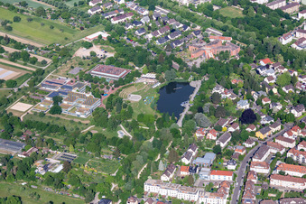 Albgauhalle at Horbachpark and Horbachsee in Ettlingen in the state Baden-Wuerttemberg, Germany