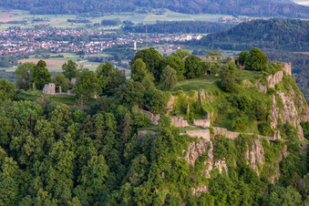 Hohentwiel with fortress ruins from 914 and panoramic views is an extinct volcano in Singen in the state Baden-Wuerttemberg, Germany from above