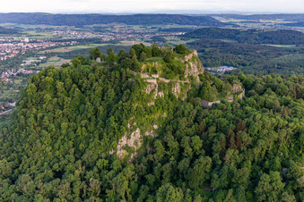 Hohentwiel with fortress ruins from 914 and panoramic views is an extinct volcano in Singen in the state Baden-Wuerttemberg, Germany out of the air