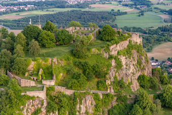 Hohentwiel with fortress ruins from 914 and panoramic views is an extinct volcano in Singen in the state Baden-Wuerttemberg, Germany from the plane