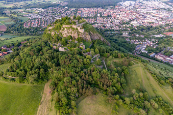 Hohentwiel with fortress ruins from 914 and panoramic views is an extinct volcano at Singen in Singen in the state Baden-Wuerttemberg, Germany