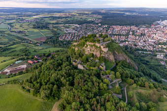 Drone recording of Hohentwiel with fortress ruins from 914 and panoramic views is an extinct volcano in Singen in the state Baden-Wuerttemberg, Germany