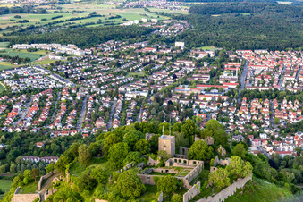 Karlsbastion at Hohentwiel with fortress ruins from 914 and panoramic view is an extinct volcano in Singen in the state Baden-Wuerttemberg, Germany