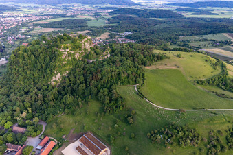 Aerial view of Hotel Restaurant Hohentwiel on the Hohentwiel with fortress ruins from 914 and panoramic views is an extinct volcano in Singen in the state Baden-Wuerttemberg, Germany