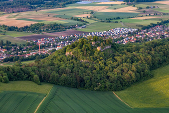 Aerial view of Hohenkrähen Castle Ruins in the district Duchtlingen in Hilzingen in the state Baden-Wuerttemberg, Germany