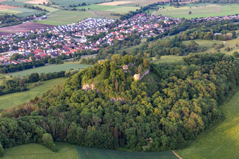 Aerial photograpy of Hohenkrähen Castle Ruins in the district Duchtlingen in Hilzingen in the state Baden-Wuerttemberg, Germany