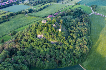 Oblique view of Hohenkrähen Castle Ruins in the district Duchtlingen in Hilzingen in the state Baden-Wuerttemberg, Germany
