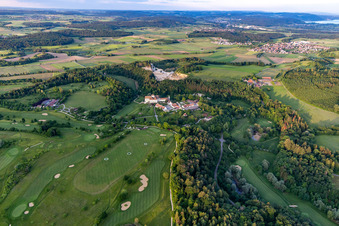 The Country Club Schloss Langenstein - The golf course on Lake Constance in the district Orsingen in Orsingen-Nenzingen in the state Baden-Wuerttemberg, Germany seen from a drone