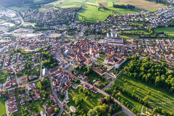 Aerial view of Castle Meßkirch and Church of St. Martin in Meßkirch in the state Baden-Wuerttemberg, Germany