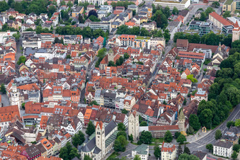 Historic old town with St. Jodok Church and Green Tower in Ravensburg in the state Baden-Wuerttemberg, Germany