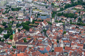 Historic old town with Evangelical City Church and Untertor in Ravensburg in the state Baden-Wuerttemberg, Germany