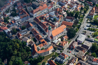 Aerial view of Upper Town Square with the parish church of the Assumption of Mary in the district Zanklau in Landau an der Isar in the state Bavaria, Germany