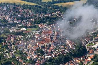 Aerial view of Upper Town Square with the parish church of the Assumption of Mary in the district Zanklau in Landau an der Isar in the state Bavaria, Germany