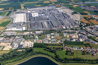 Aerial view of BMW Plant 2.40 on the Isar in the district Höfen in Dingolfing in the state Bavaria, Germany