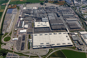 BMW Plant 2.40 in the district Höfen in Dingolfing in the state Bavaria, Germany seen from above