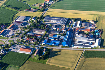 Aerial view of Schreinerstraße commercial area with Voggenreiter GmbH and Lohr GmbH in the district Niederreisbach in Reisbach in the state Bavaria, Germany
