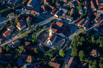 Aerial view of Parish Church of St. John the Baptist in Ruhstorf in the district Ruhstorf in Simbach in the state Bavaria, Germany