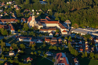 The former abbey church of the Assumption of Mary and monastery courtyard Aldersbach with Aldersbacher Bräustüberl in the district Sankt Peter in Aldersbach in the state Bavaria, Germany