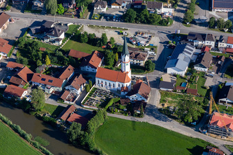 Aerial view of St. Giles in Aham in the state Bavaria, Germany